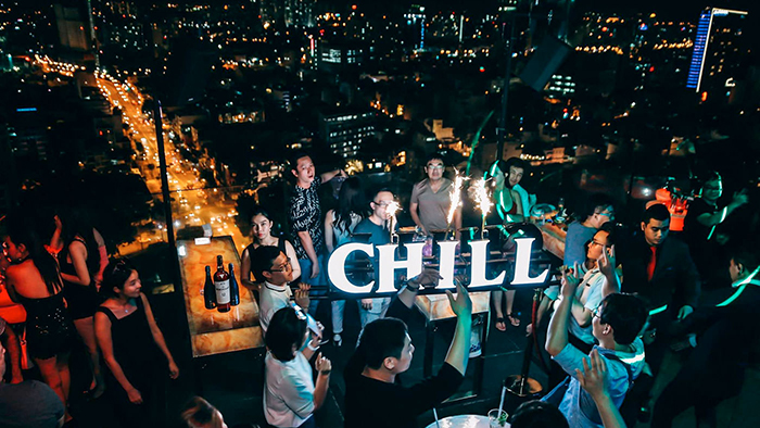 The panorama of Saigon at night from Chill Skybar